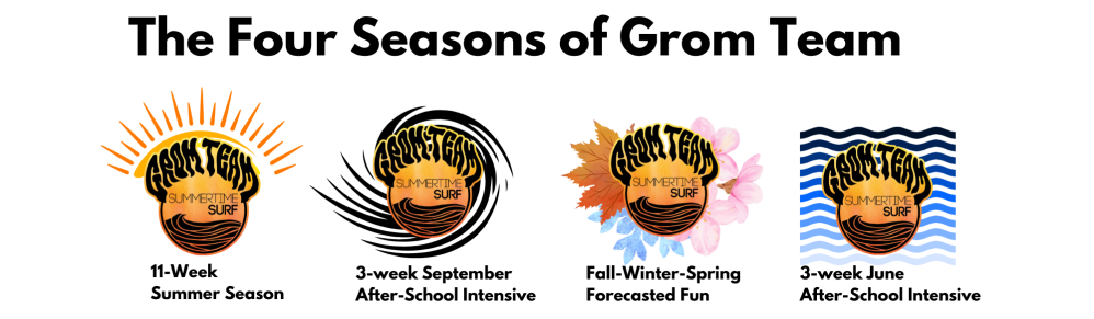 Four logos of 'Adult Team Summertime Surf' with sun, plain, flowers, and wave designs.