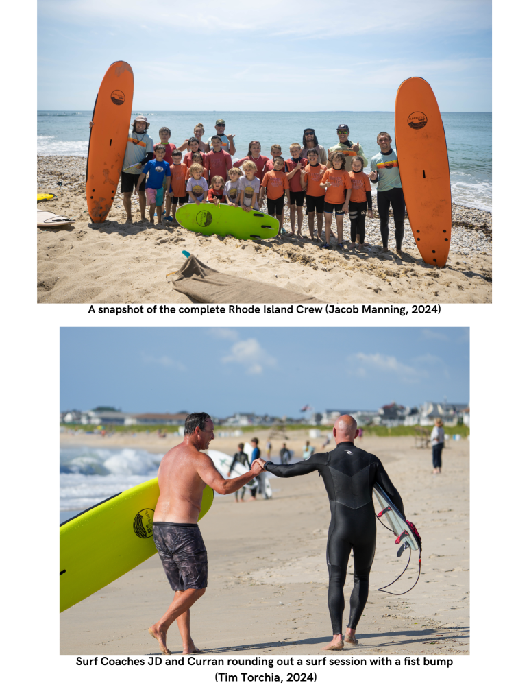 a group of people on a beach holding a surf board