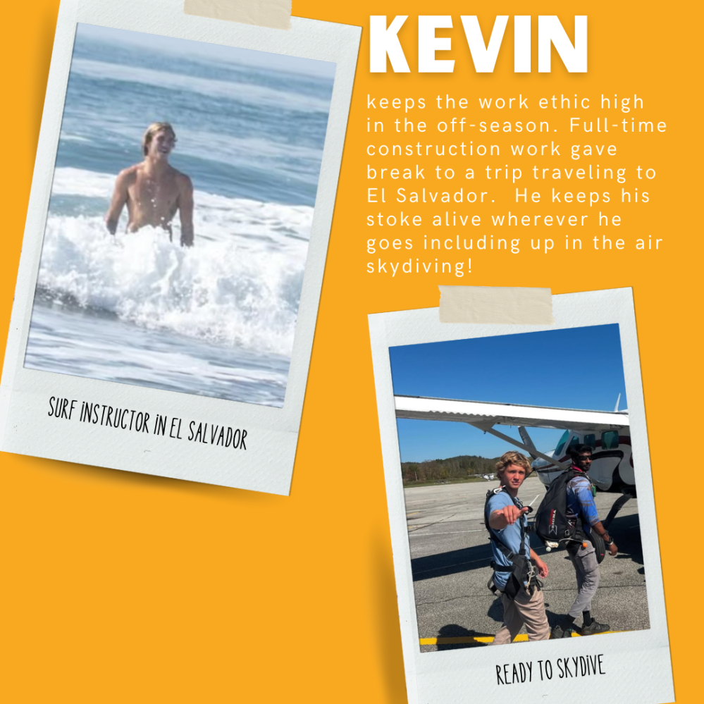 Two polaroid photos on orange background with text about Kevin, a surf instructor and skydiver.