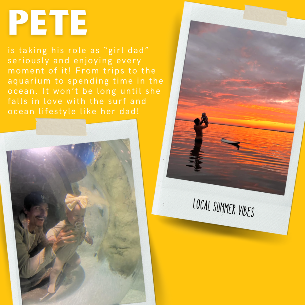 Collage of two photos and text on a yellow background. Left: man and baby in aquarium. Right: man holding baby at sunset.