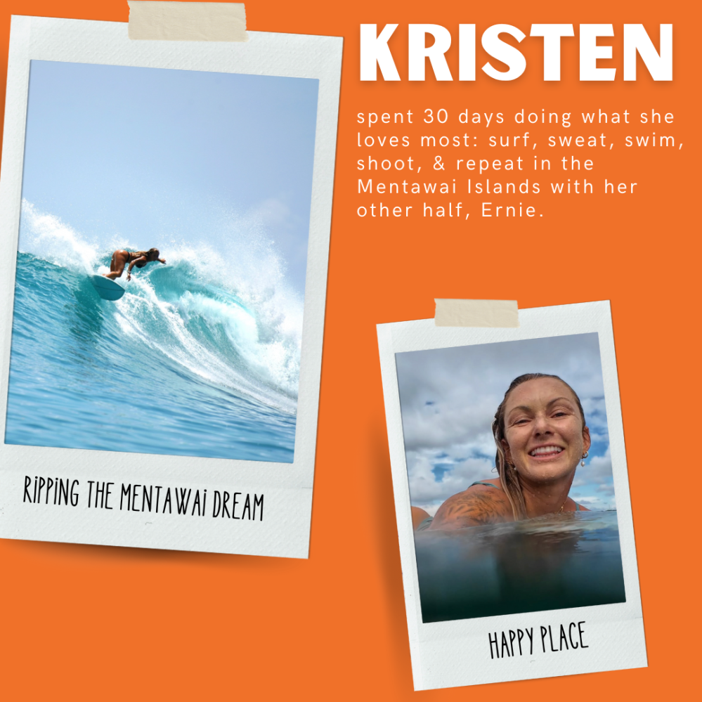 Two photos on orange background: surfing wave and smiling person in ocean.