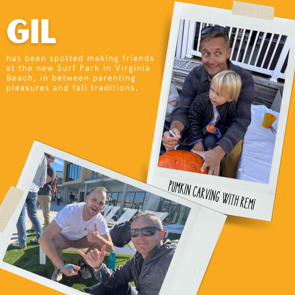 Collage with man carving pumpkin with child; two men posing in chairs outdoors.