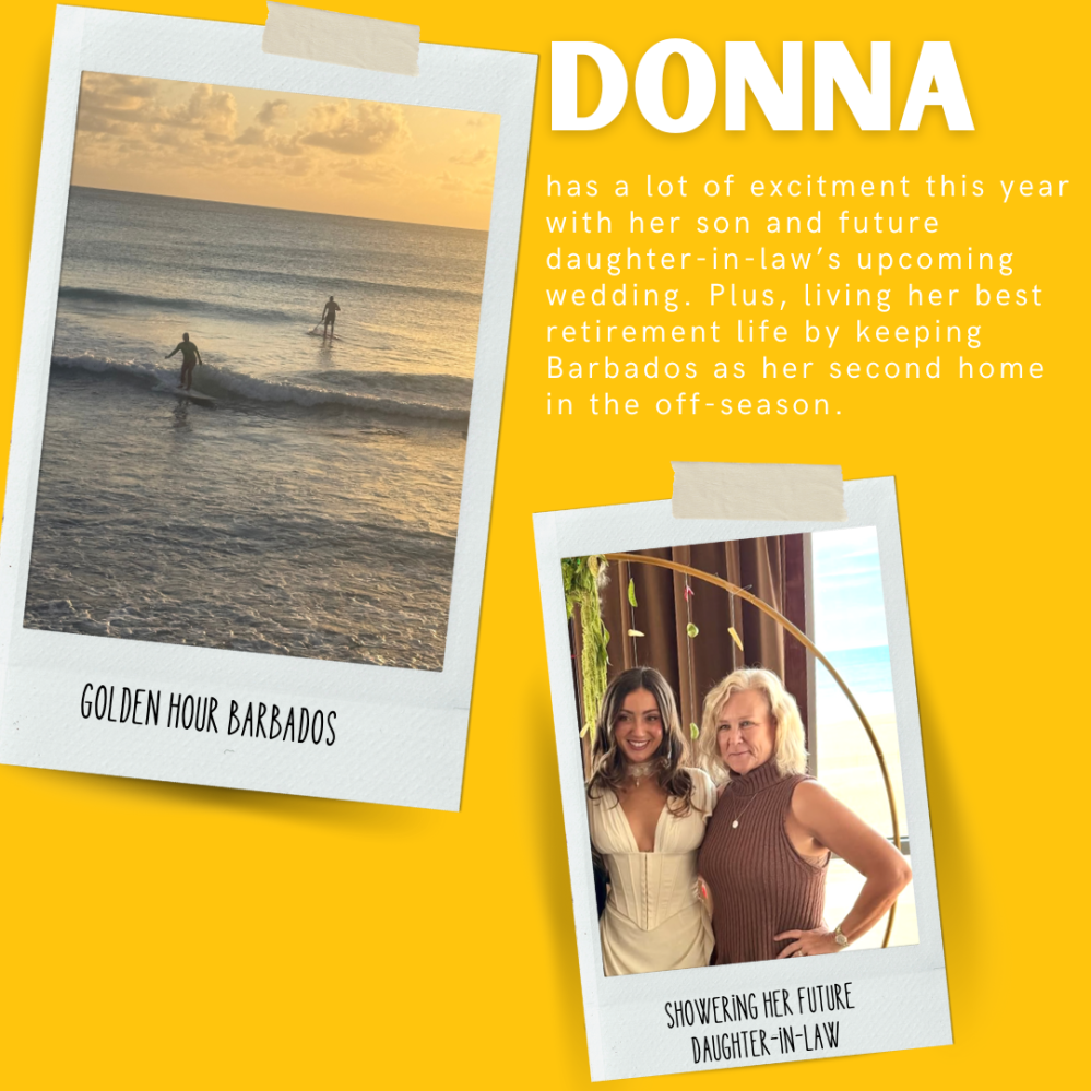 Collage with beach and portrait photos on a yellow background, featuring text about Donna's life and family events.
