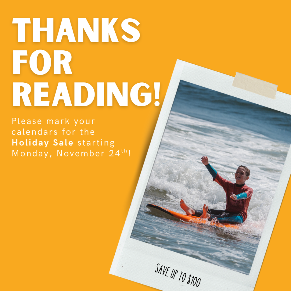 Surfing photo on orange background with holiday sale notice for November 24th.