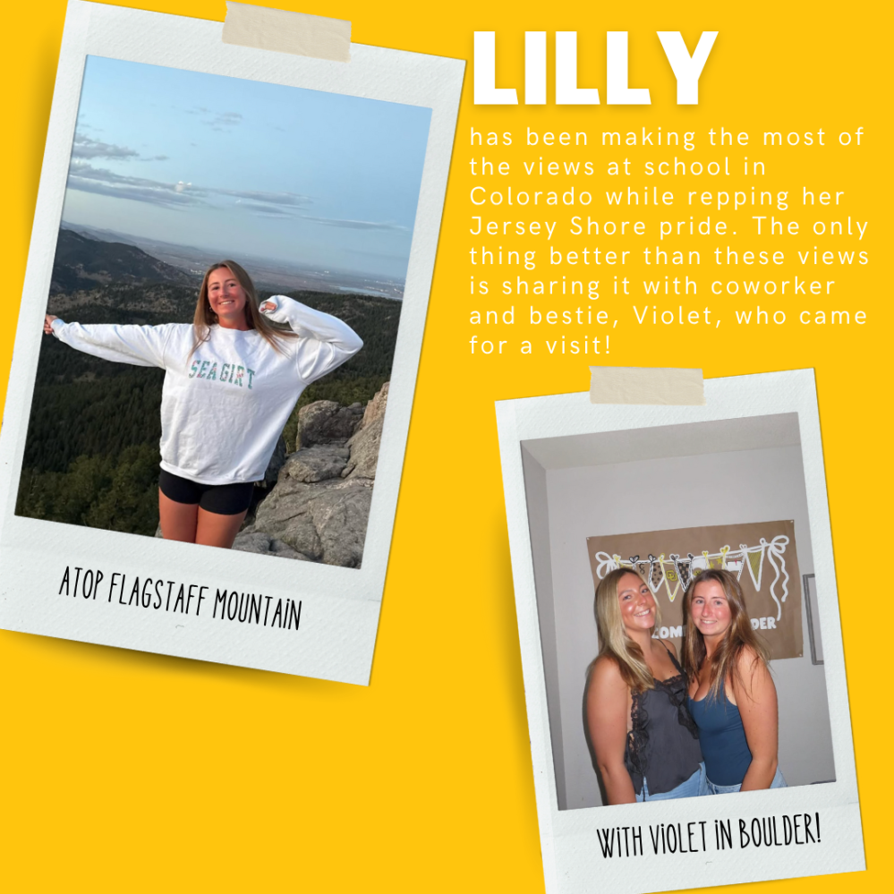 Two scrapbook-style photos: one of a woman on a mountain and another with a friend indoors.