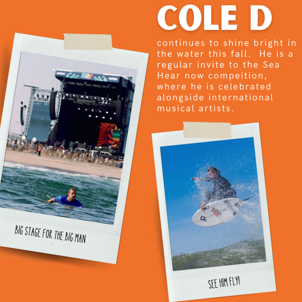Two polaroid photos: surfer in water with stage and airborne surfer on blue background.