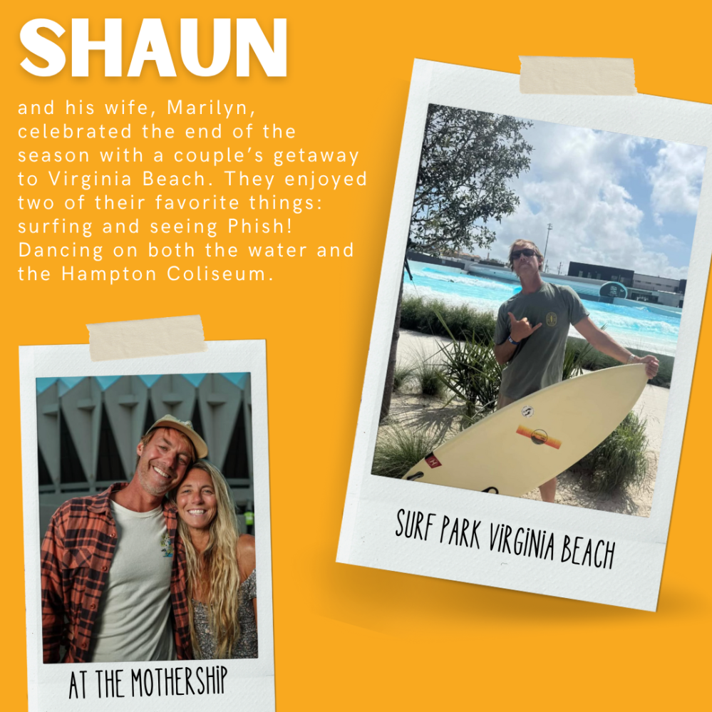 Two polaroid photos on a yellow background; couple smiling, person holding surfboard.