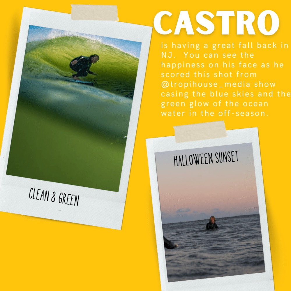 Two Polaroids: one of a surfer in a wave, and one of sunset over the ocean, on a yellow background.