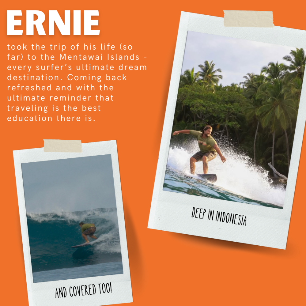 Two photos of a surfer in action, set against an orange background with text about a trip to the Mentawai Islands.