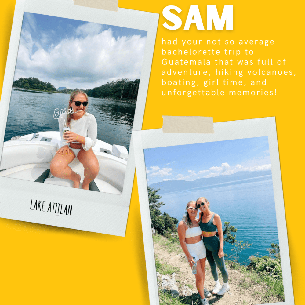 Two photos on a yellow background; one woman on a boat and two women posing by a lake in Guatemala.