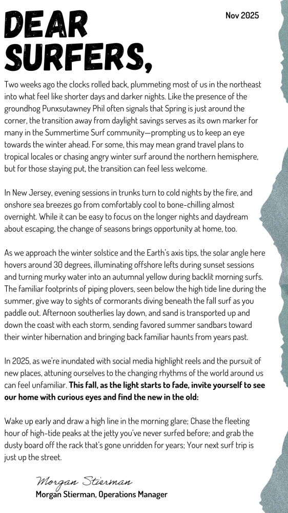 Newsletter titled 'Dear Surfers' by Morgan Stierman, Operations Manager, discussing seasonal changes and surfing in 2025.