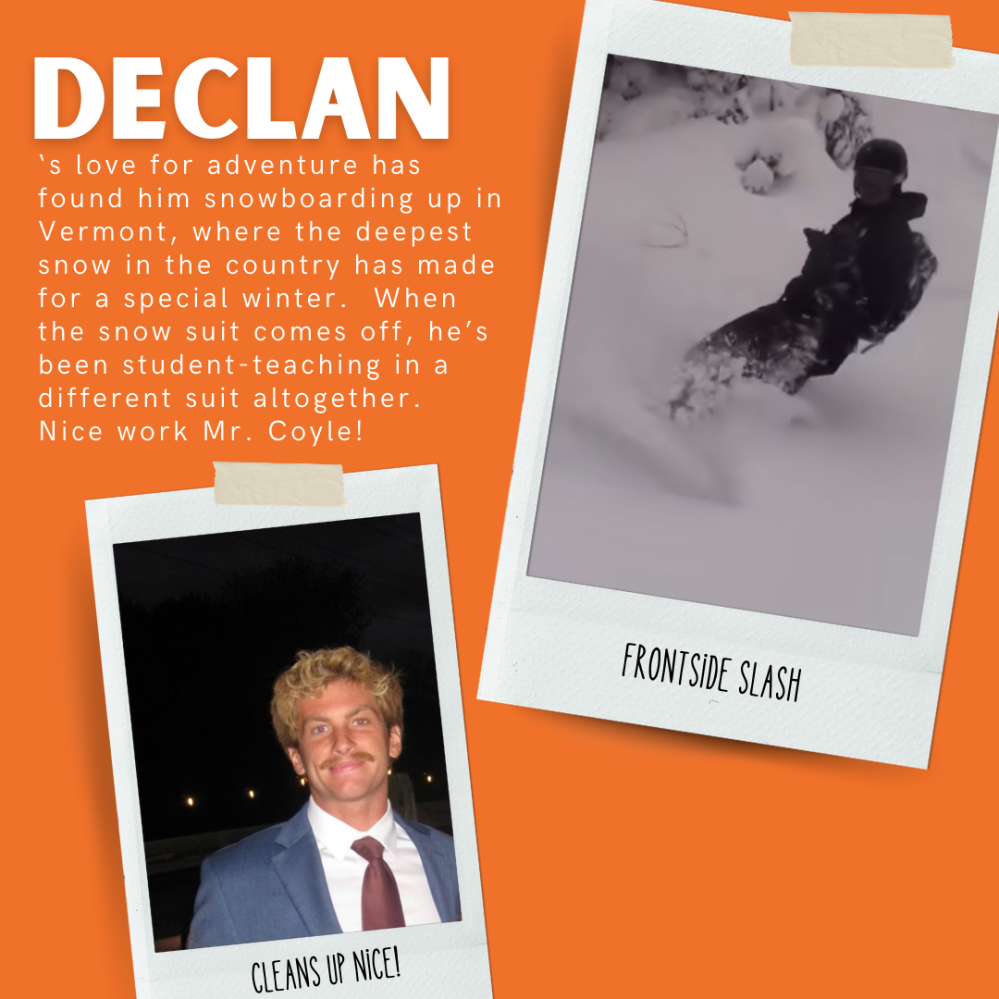 Two photos: one of a snowboarder, one of a man in a suit, with text about adventure and teaching.