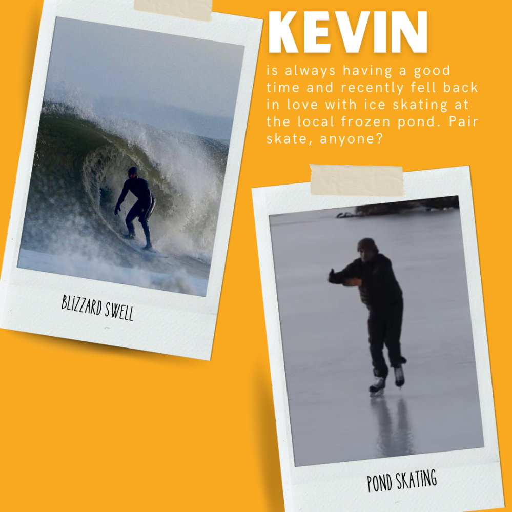 Collage: A person surfing a large wave and ice skating on a frozen pond over an orange background with text.