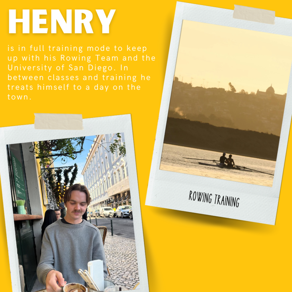 Collage with a person dining outdoors and two rowers on a river, yellow background.