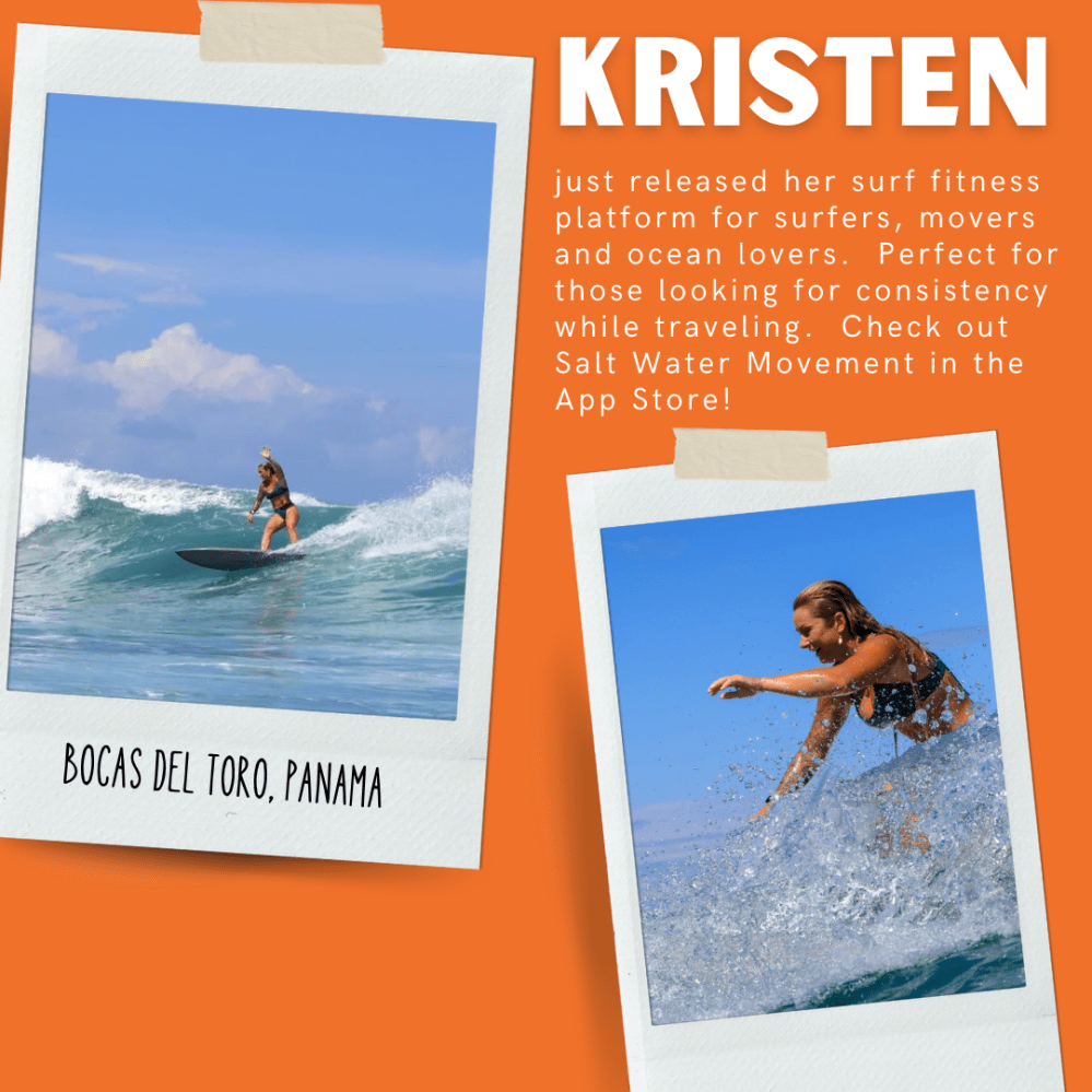 Two photos of a woman surfing with text about a surf fitness app on an orange background.
