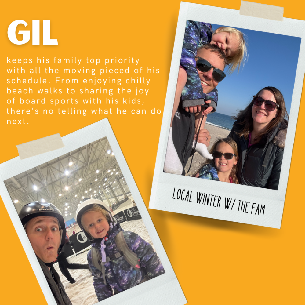 Two family photos on an orange background with the text 'GIL' and a description of his family activities.