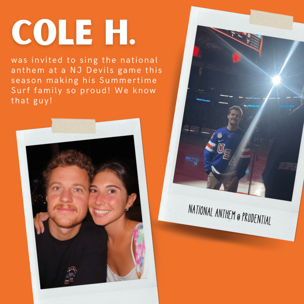 Collage with a couple's photo and a man in a USA jersey on an ice rink background, orange backdrop.