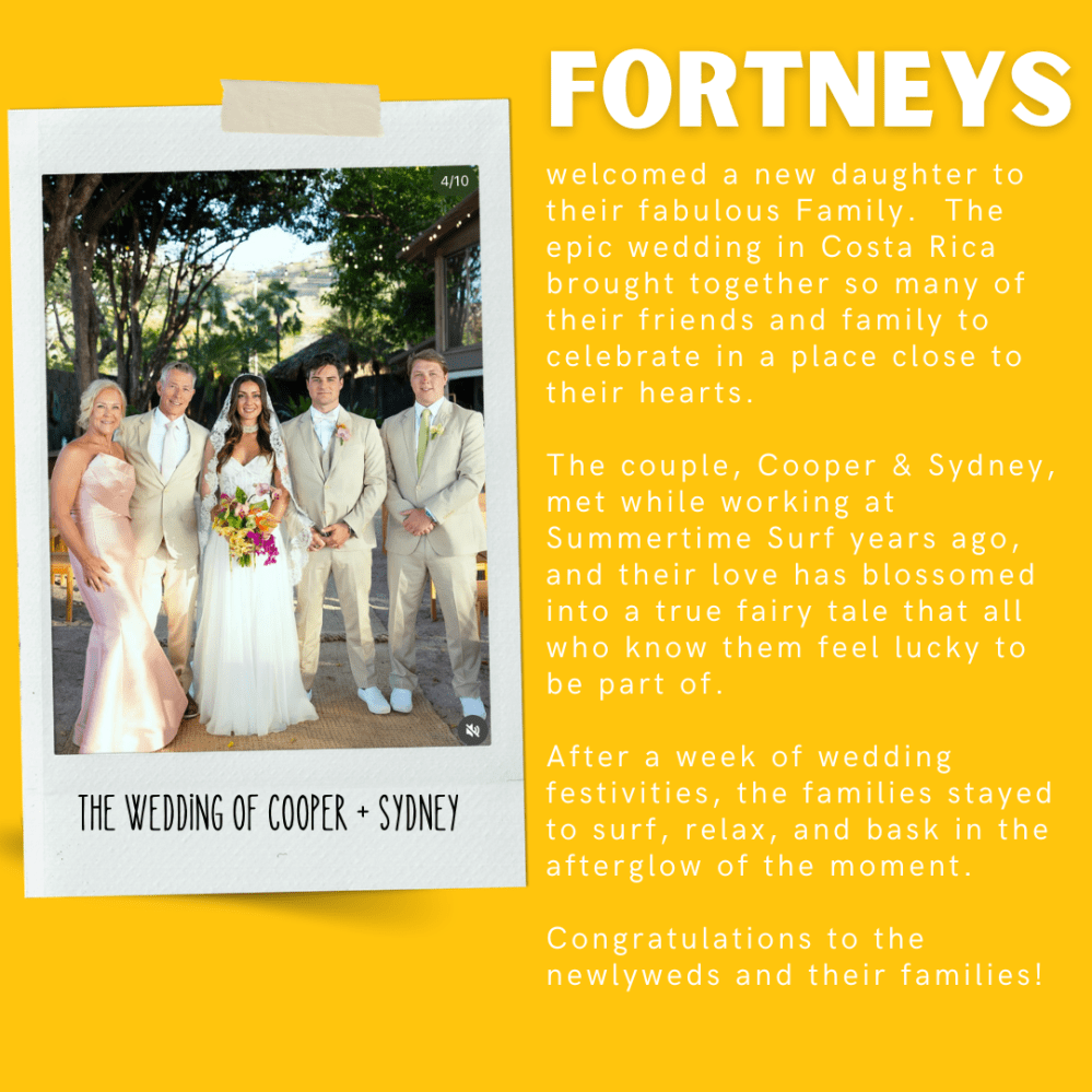 Wedding photo of couple and family on yellow background with congratulatory text.