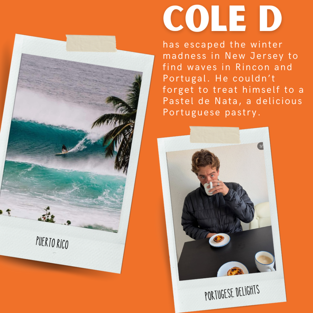 Collage with surfing in Puerto Rico and a man enjoying coffee and pastry in Portugal.