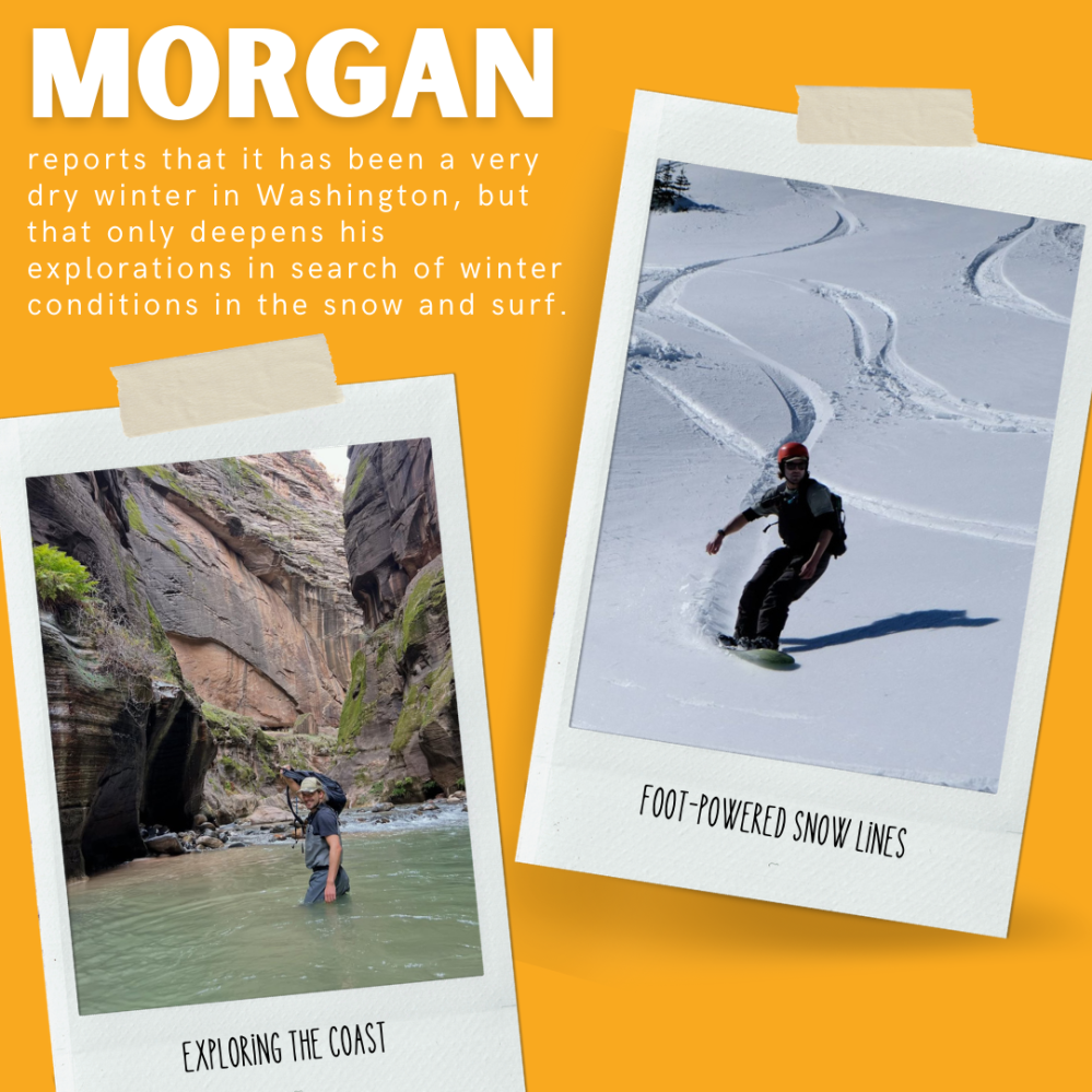 Two photos: one of a person wading in a river canyon, another snowboarding on a snowy slope. Background is orange.