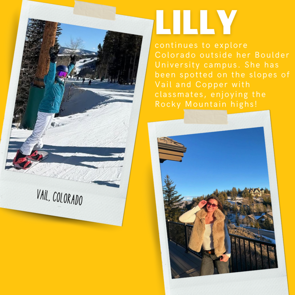 Two photos: person snowboarding in Vail, Colorado; person on a sunny balcony with mountains in background.