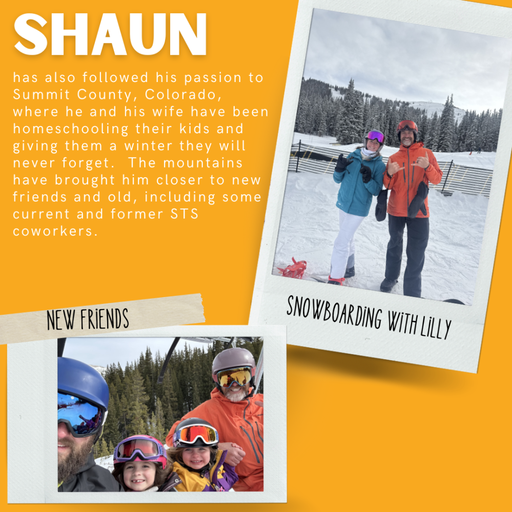 Collage with snowboarding photos and text about Shaun's winter in Summit County, Colorado.