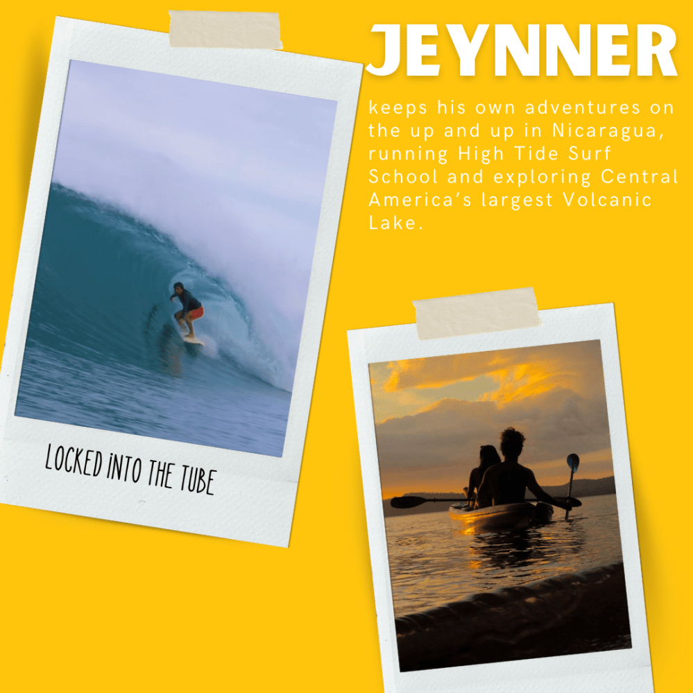 Two Polaroids: a surfer in a wave and two people kayaking at sunset, with text about adventures in Nicaragua.