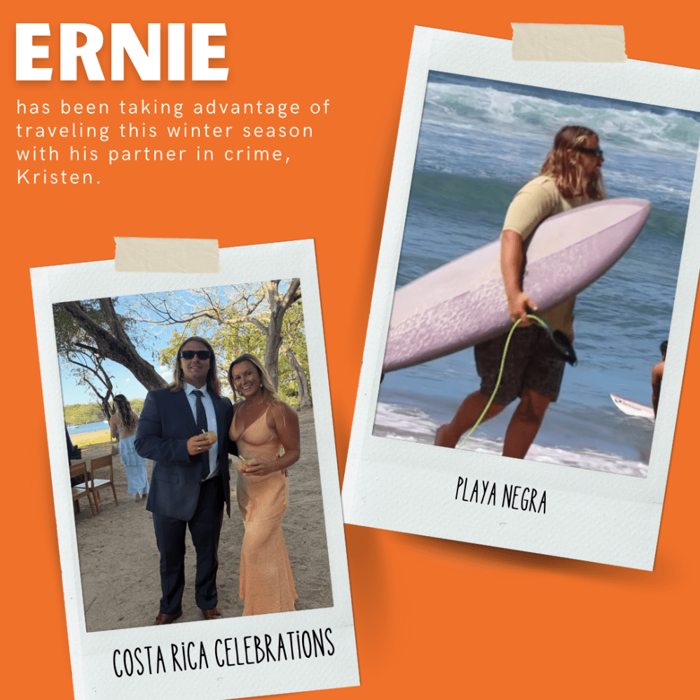 Two Polaroid photos on orange background; couple posing and surfer with board.