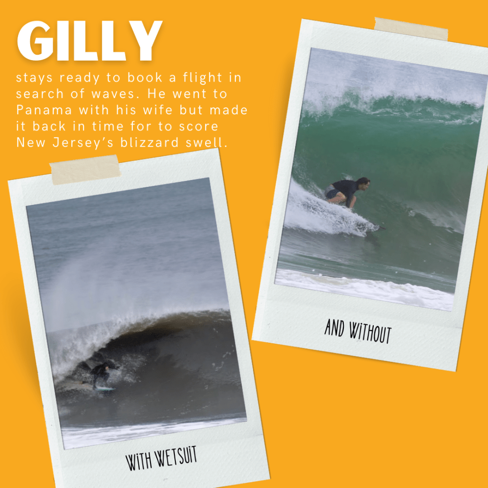 Two photos of a surfer, one in a wetsuit, one without, on yellow background with 'Gilly' text and description.