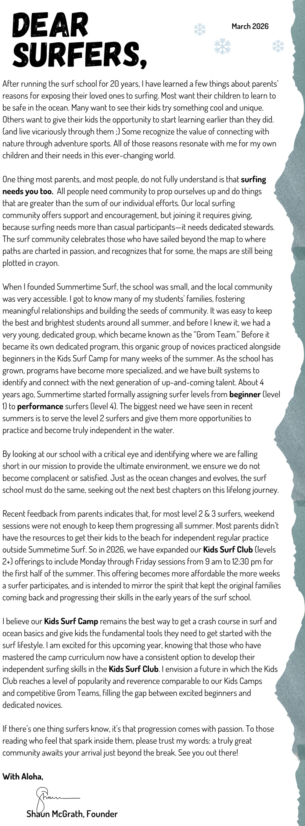 Letter from Summertime Surf founder about surfing community and Kids Surf Club, dated March 2026.