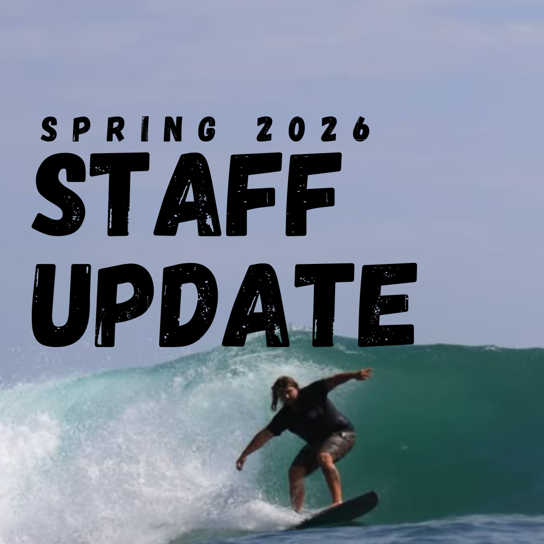 Surfer on wave with 'Spring 2026 Staff Update' text overlay.