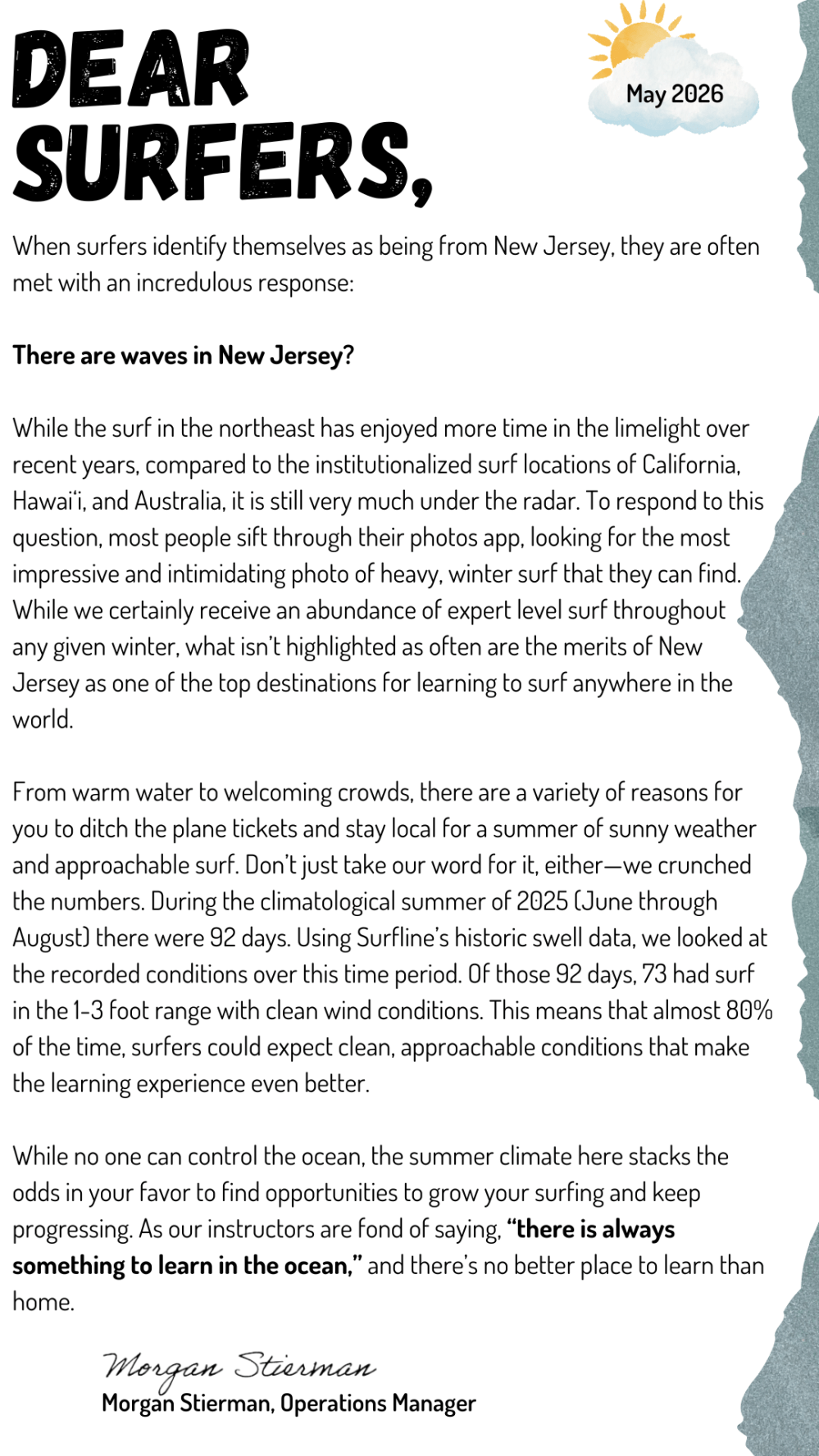 Newsletter about surfers, mentioning New Jersey's unrecognized surf spots and misconceptions.