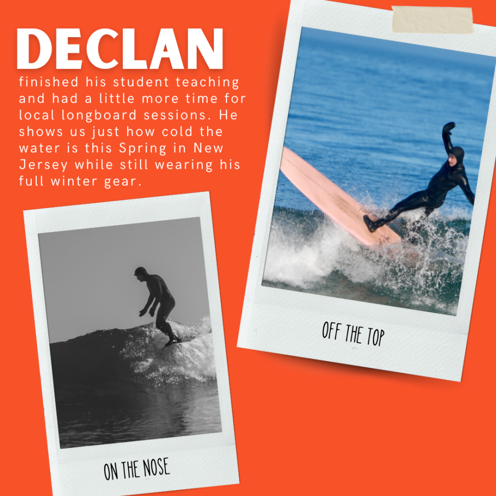Collage of two surfers in action, titled 'DECLAN', with descriptions and photos on orange background.