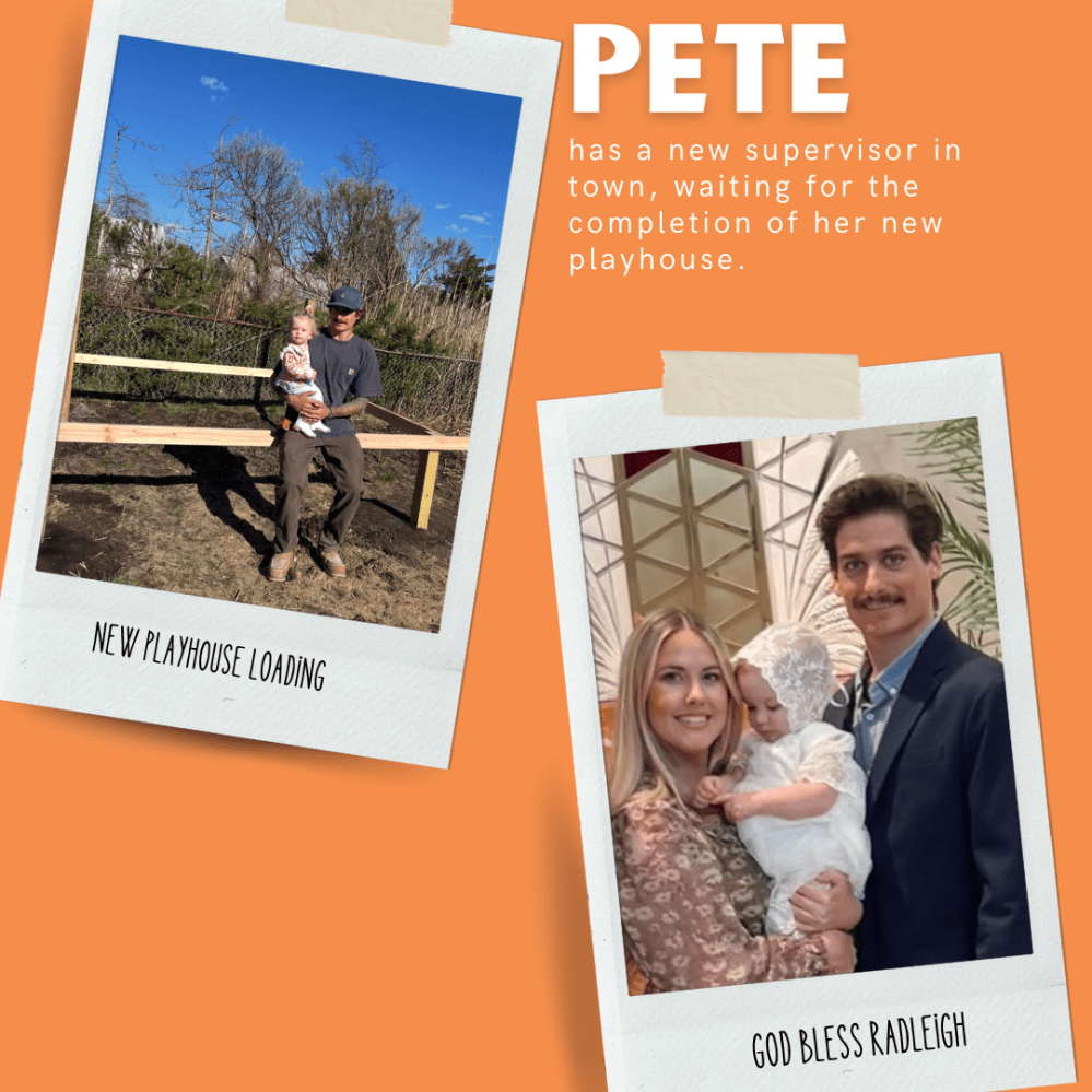 Two photos with families holding babies, under text about 'Pete' and a playhouse.