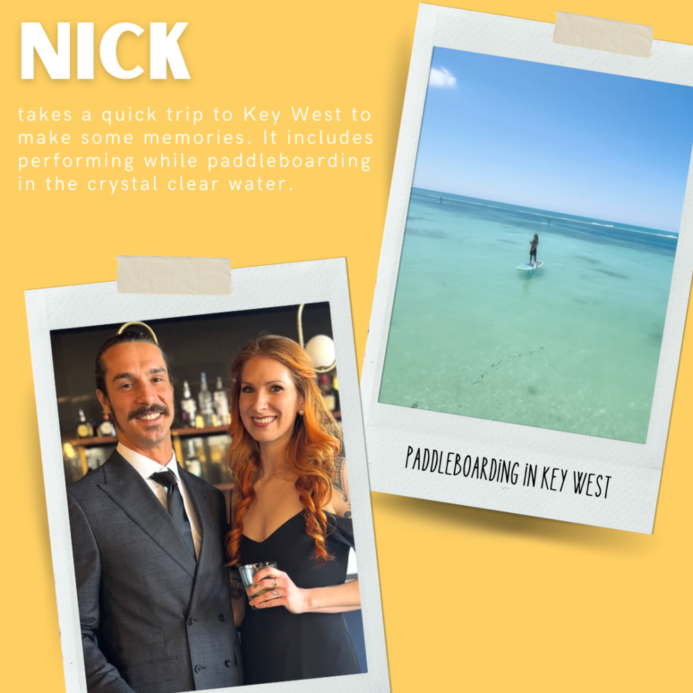 Collage of a couple in formal attire and a person paddleboarding in clear water.