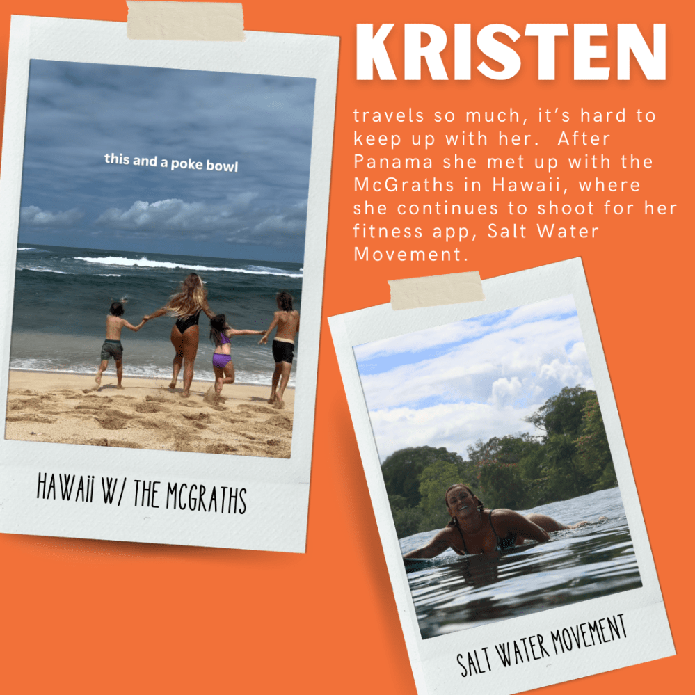 Family with kids playing on a beach; text describes Kristen's travels.