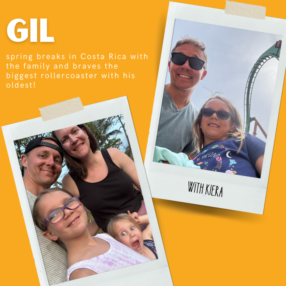 Family posing together; father and daughter on a rollercoaster, smiling. Text: 'Gil' and 'with Kiera' on photos.