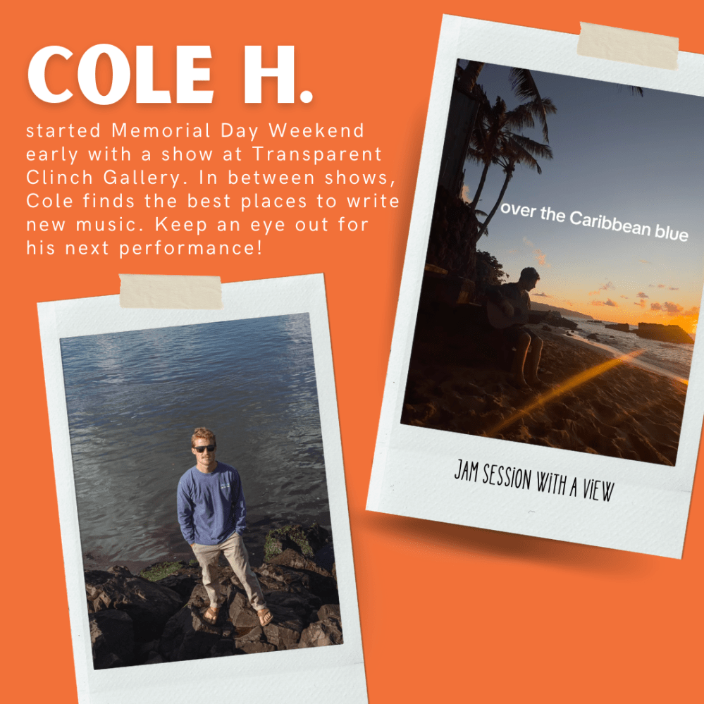 Collage with text about Cole H., including two photos of a man by water, and a sunset with palm trees.