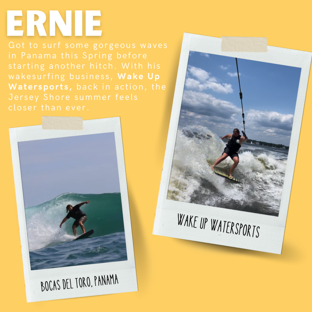 Two photos of a surfer named Ernie with texts about surfing in Panama.