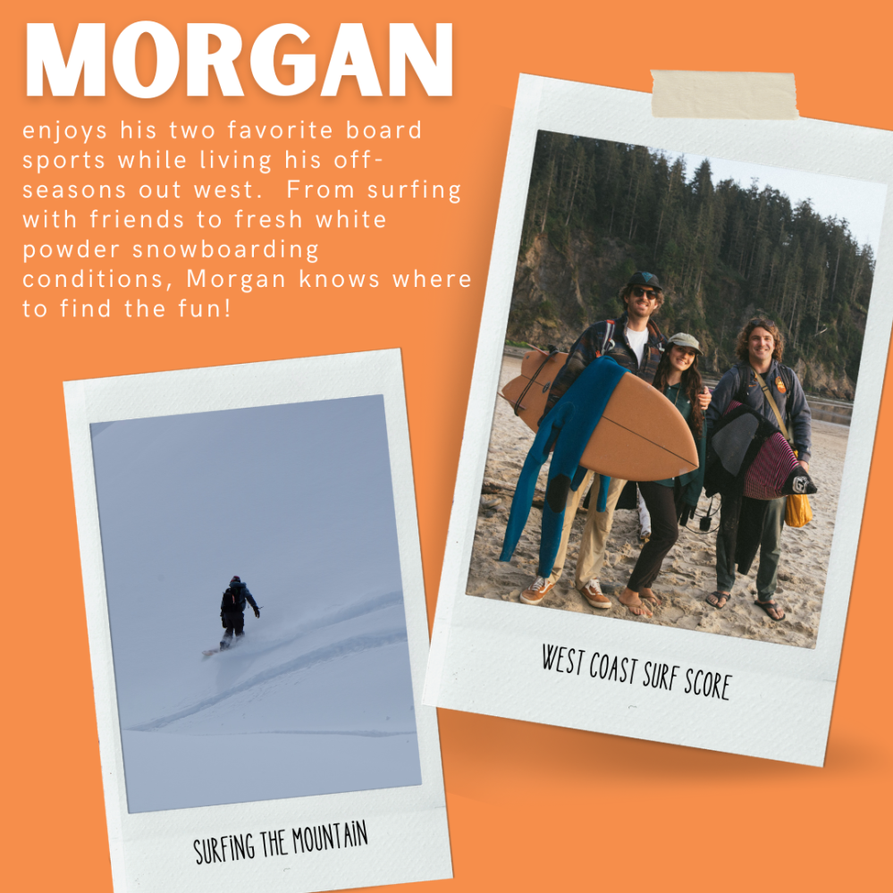 Two photos: group with surfboards on beach, person snowboarding down mountain.