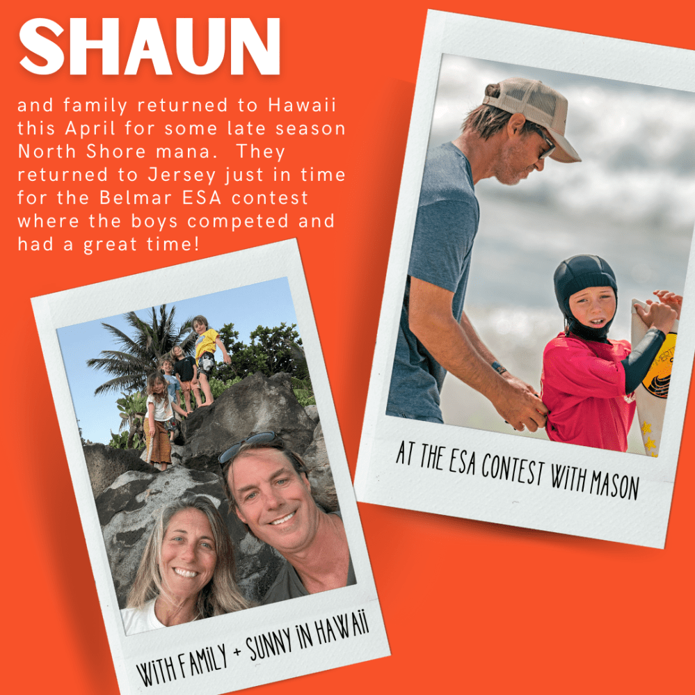 Collage: Family in Hawaii; Man with child at surf contest. Text about trip to Hawaii and contest.