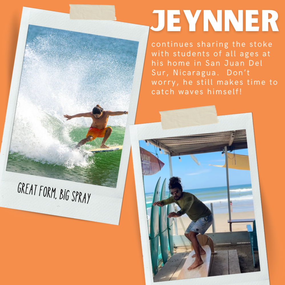 Two photos of a person surfing and preparing to surf, with text about teaching in Nicaragua.