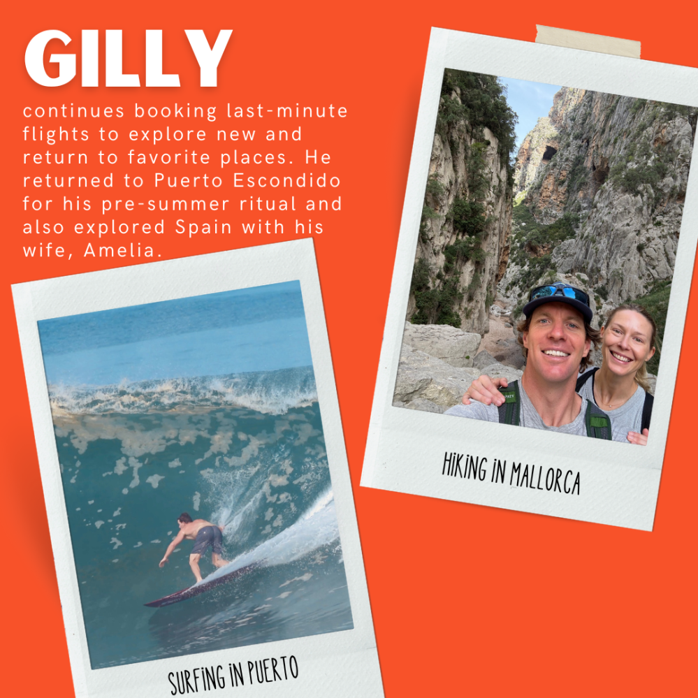 Collage with text about travel including photos of hiking and surfing.
