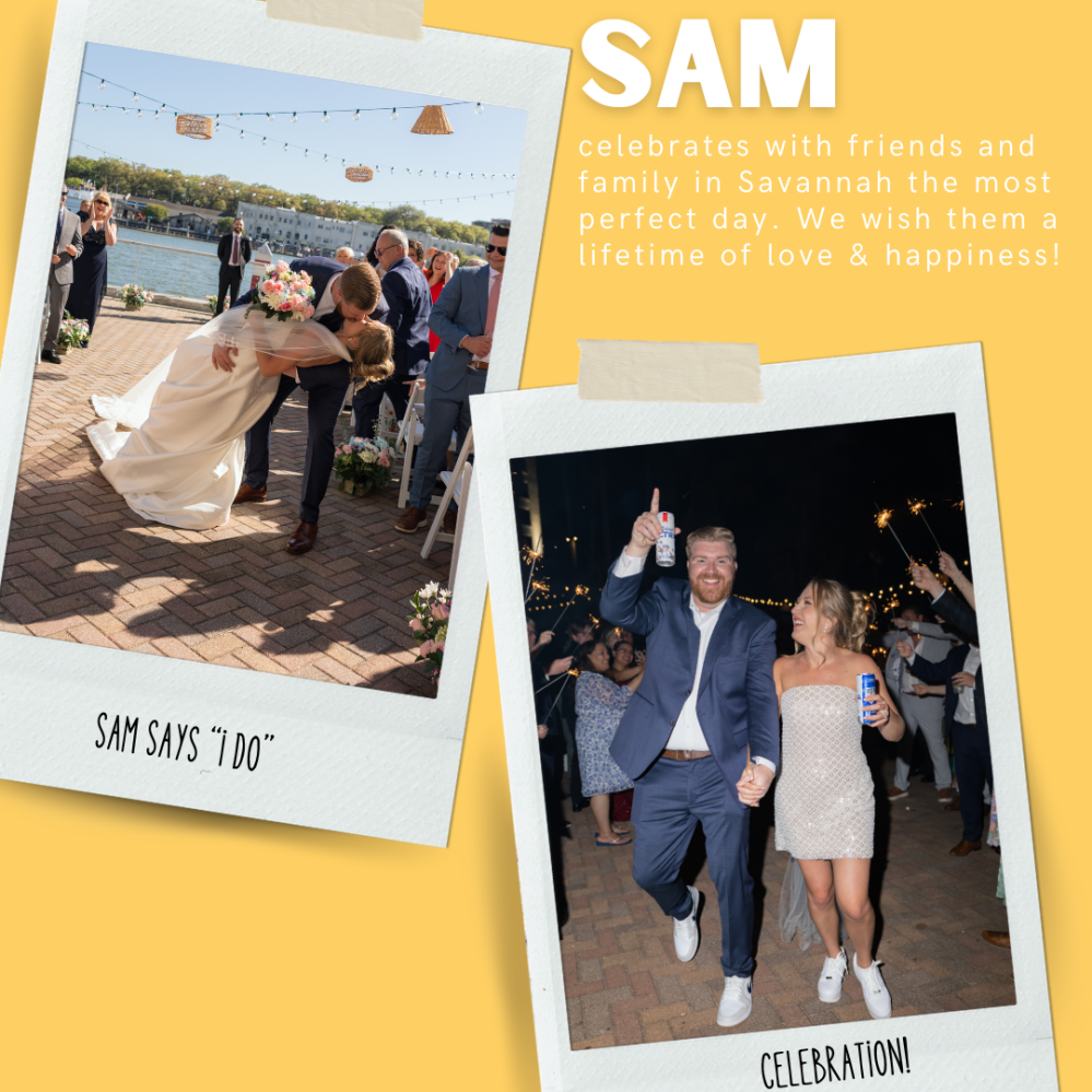 Collage of wedding and celebration photos with text overlay on orange background.